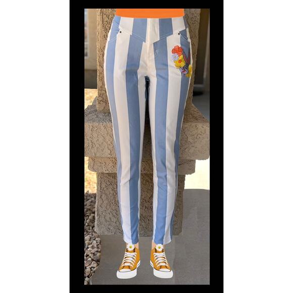Looney Tunes X Unique Vintage Blue Striped Bugs Bunny Skinny Jeans Size 6-8 M - Picture 3 of 9